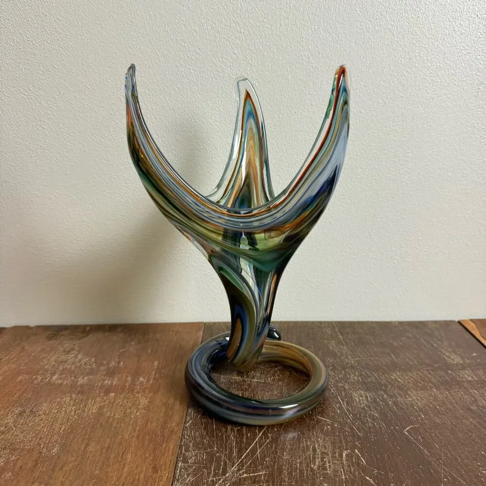 MCM Vintage Blue Green Murano‎ Style Stretched Serpentine Vase Blown Art Glass - Picture 3 of 9